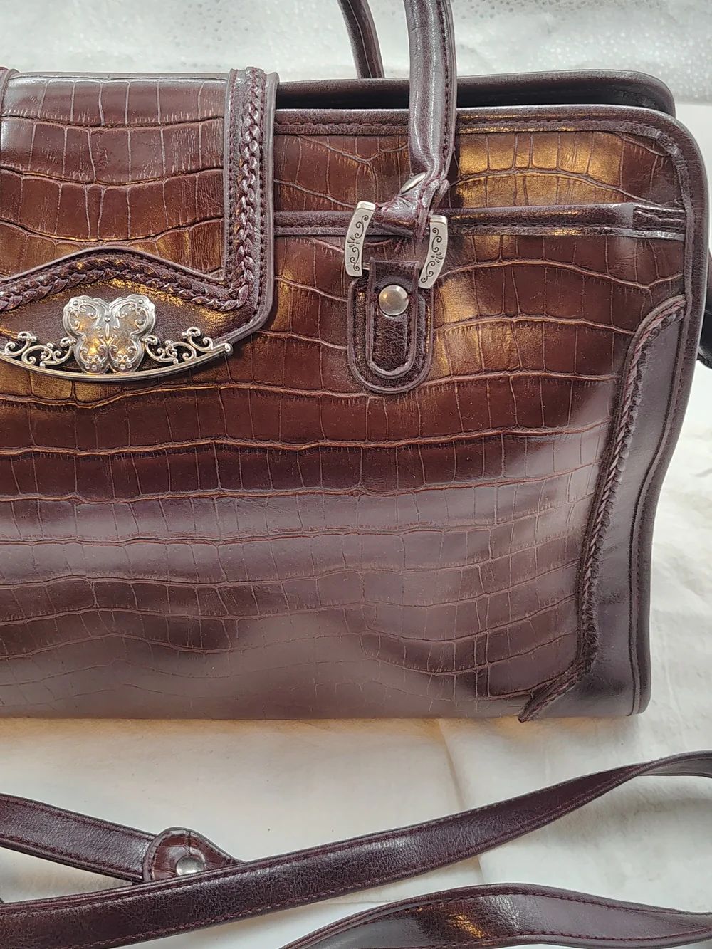 Classic Croc-Embossed Satchel Handbag/ Shoulder Bag in Deep Brown